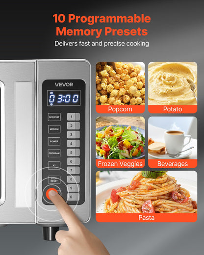 VEVOR Commercial Microwave Oven, 0.9 Cu Ft, 1000W Digital Stainless Steel Countertop Microwave Oven with Touchscreen, 10 Cooking Presets, 5 Power Levels, Multi-Lock Door & Easy Clean for Restaurants