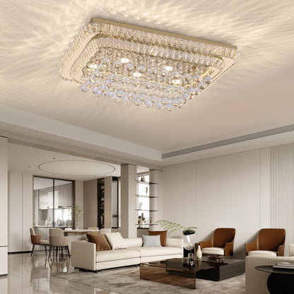 32 inch Crystal Flush Mount Chandelier, Modern Raindrop Crystal Gold Chandeliers with Remote and APP, 3 Colors Temp & Brightness Adjustable, Ceiling Light for Bedroom Hallway DiningRoom Living Room