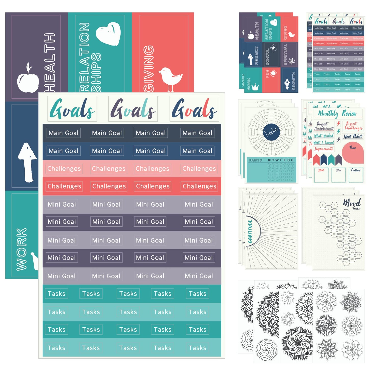 Improve Yourself Planner Stickers Set - Large Value Pack 24 Sheets Self-Improvement Sticker Pack - Goal Setting, Habit Trackers, Gratitude, Mood Tracker, Colorable Mandalas for Bullet Dotted Journals