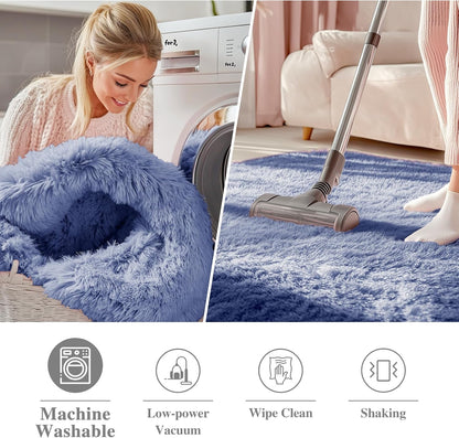 OLANLY Denim Blue Round Rug - Soft & Fluffy Machine Washable 3 ft Area Rug for Bedroom & Living Room