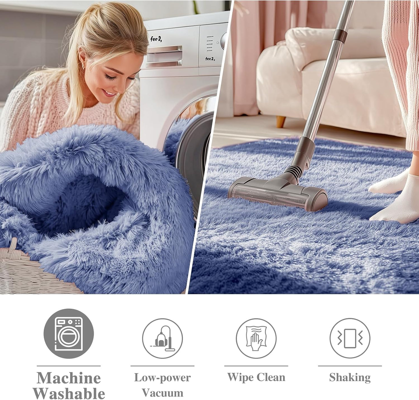 OLANLY Denim Blue Round Rug - Soft & Fluffy 8 ft Circle Area Rug for Bedroom, Living Room & Nursery Decor