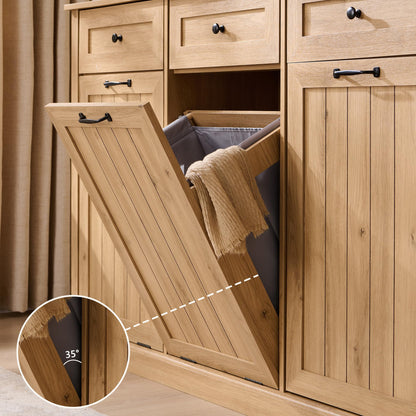 IFGET Triple Tilt Out Trash Can Cabinet, 20 Gallon Farmhouse Laundry Hamper Cabinet w/3 Drawers & Adjustable Shelf, Hidden Wooden Trash Can Cabinets with Storage Basket for Kitchen (Natural)