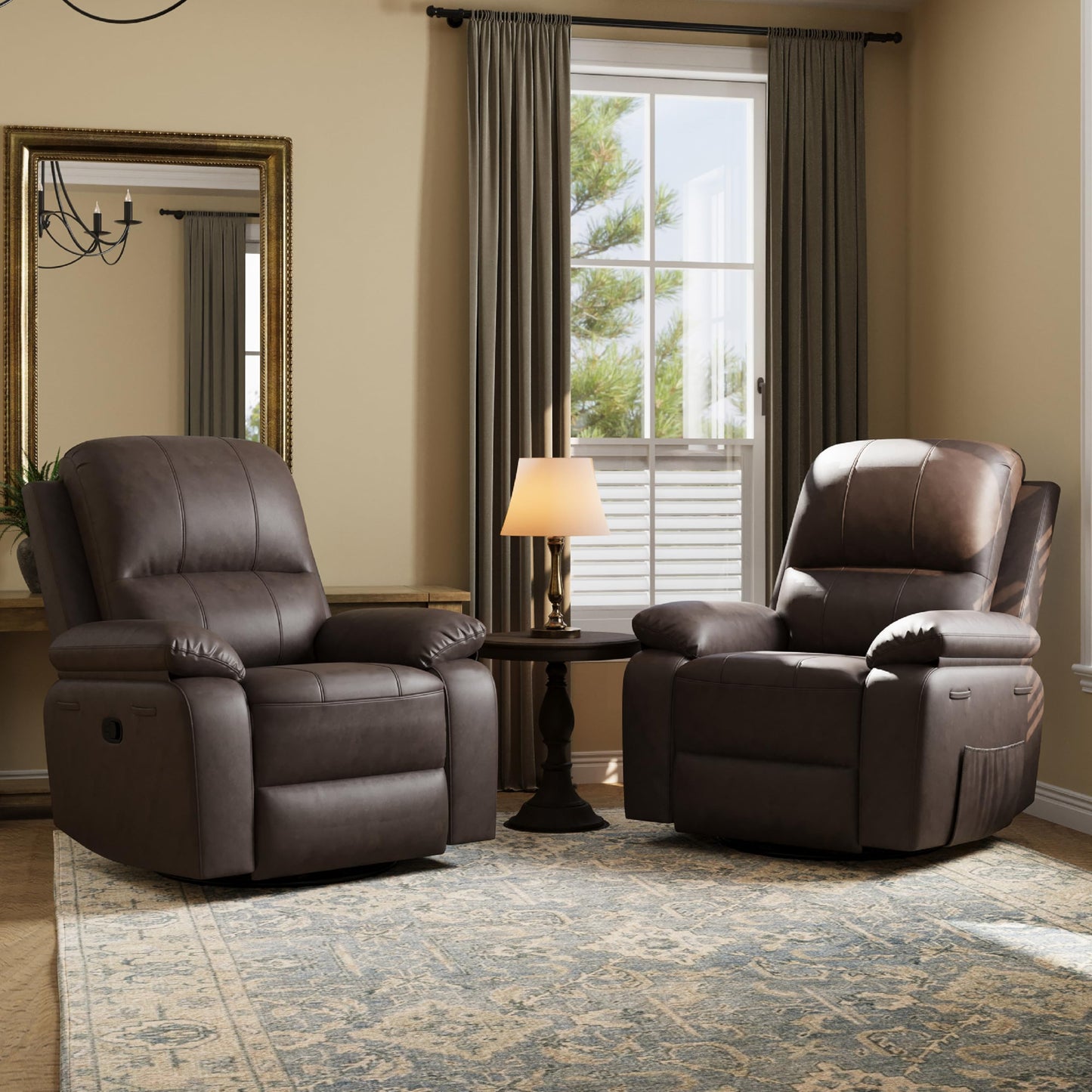 Attalee Leather Swivel Rocker Recliner Chair Set of 2, Traditional Manual Chair, Upholstered Nursery Glider Rocking Recliner, Faux Leather Single Sofa with Pocket Spring for Living Room, Dark Brown