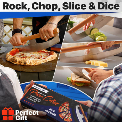 KitchenStar 14-Inch Pizza Cutter Rocker Blade - Razor Sharp Stainless Steel Slicer Knife, Stylish Beech Wood Handle, Protective Cover - Professional Pizza Oven Accessories, Silver