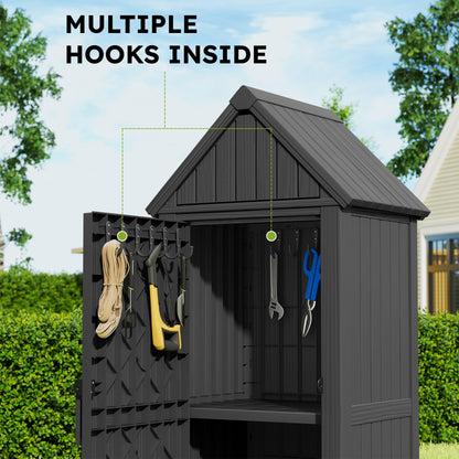 WTFGO Vertical Outdoor Storage Shed, Waterproof Resin Outdoor Storage Cabinet with Removable Shelves & 12 Hooks, Lockable Small Tool Shed for Garden, Backyard, Patio, Pool, Black