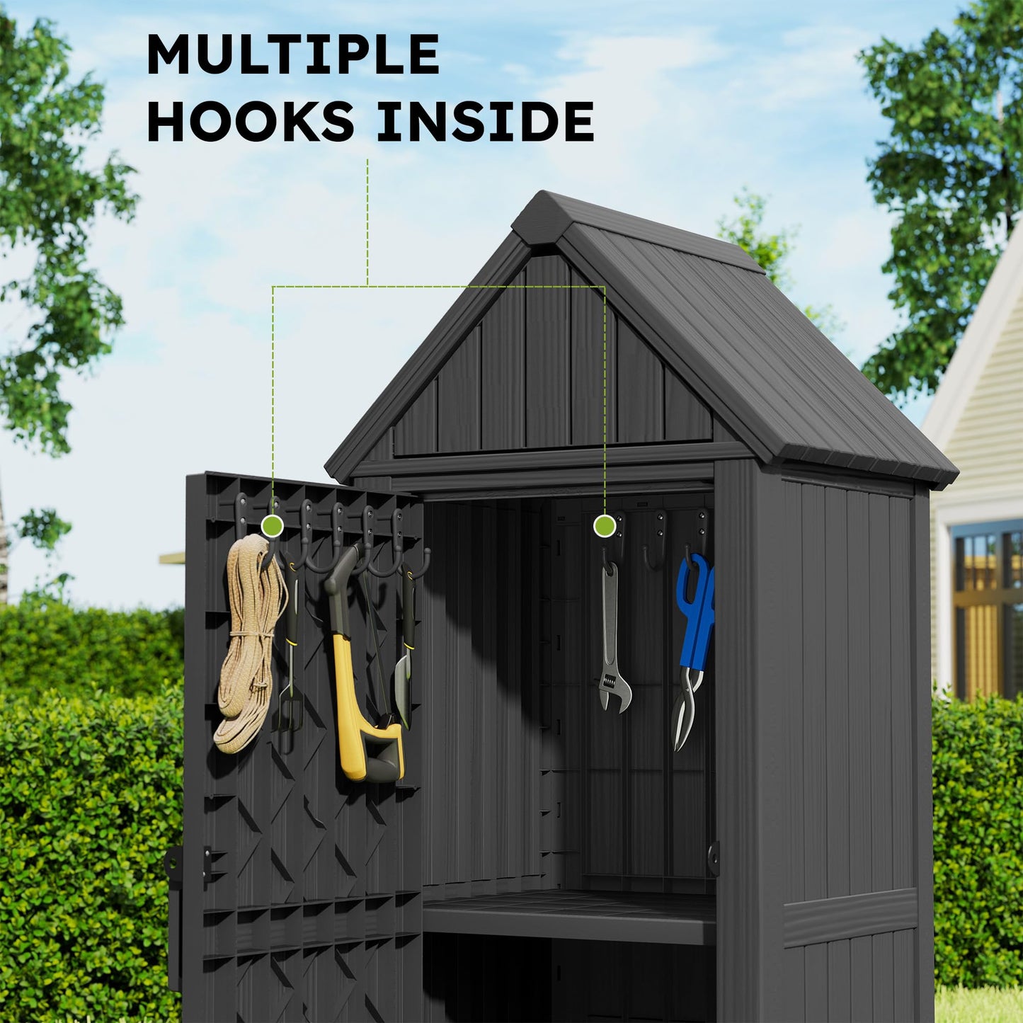 WTFGO Vertical Outdoor Storage Shed, Waterproof Resin Outdoor Storage Cabinet with Removable Shelves & 12 Hooks, Lockable Small Tool Shed for Garden, Backyard, Patio, Pool, Classic Black