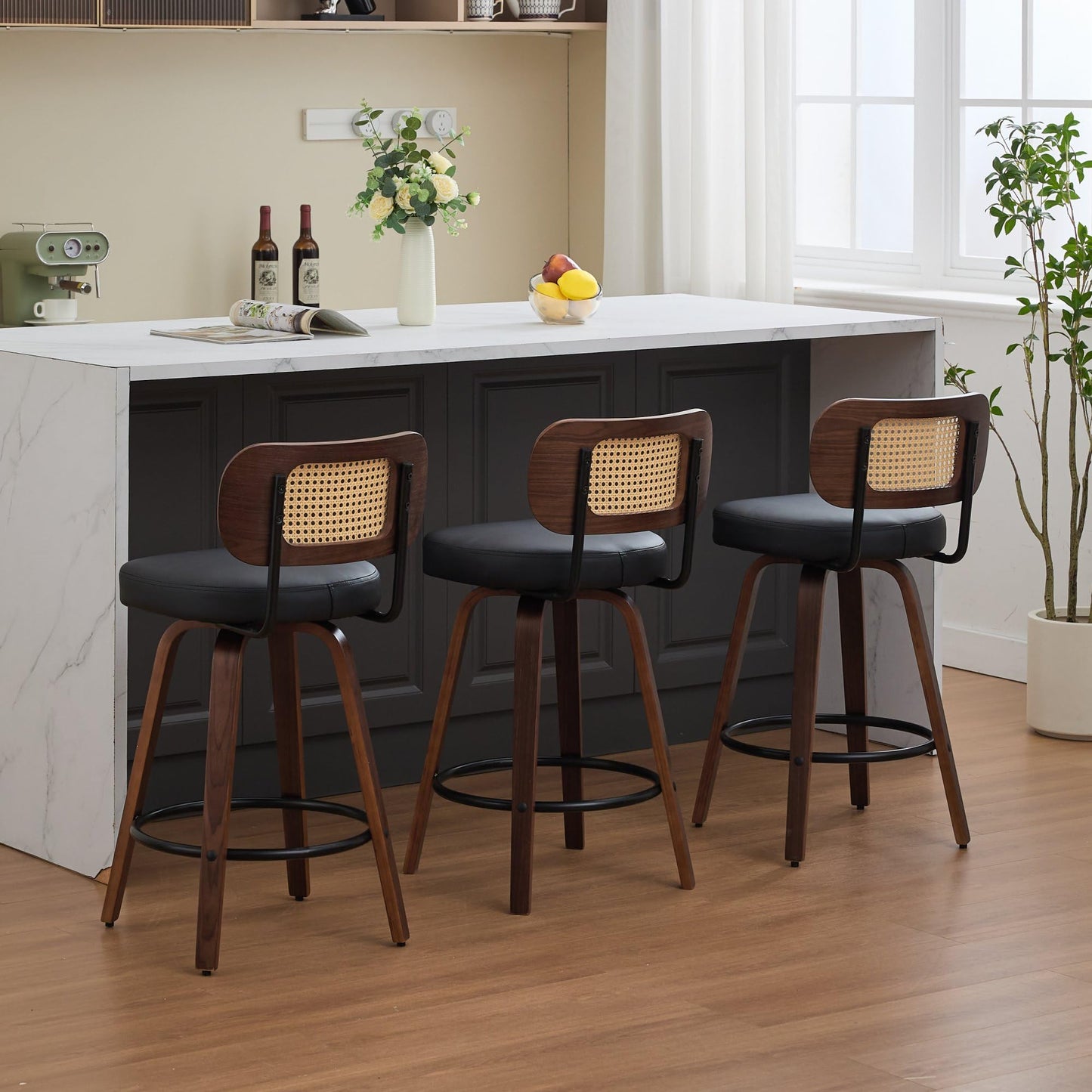 KEIKI Set of 3 Counter Height Bar Stools - 26 inch Rattan Counter Height Stools with Cane Back, Upholstered Seat, Walnut Craftsmanship, Swivel Counter Stools for Kitchen/Counter/Bar, Walnut, Black