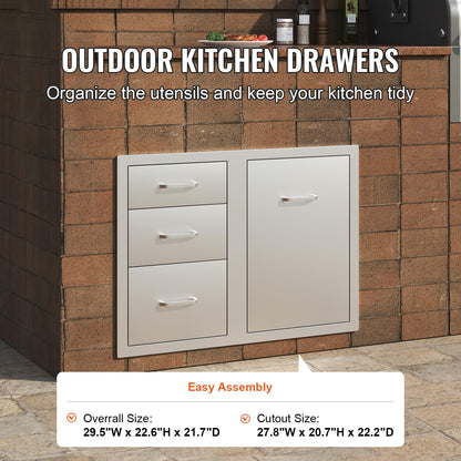 VEVOR Stainless Steel Cabinet, Outdoor Kitchen Door Drawer Combo 29.5" W x 22.6" H x 21.7" D, Access Door/Triple Drawers, Propane Drawer, Adjustable Garbage Ring, BBQ Island Patio Grill Station