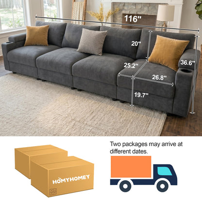 Sectional Couches for Living Room FSC Certified Velvet Modular Couch Oversized Cloud U Shaped Convertible Sleeper Sofa Chaise Detachable Armrest Cushion (Velvet Grey, 4 Seat)