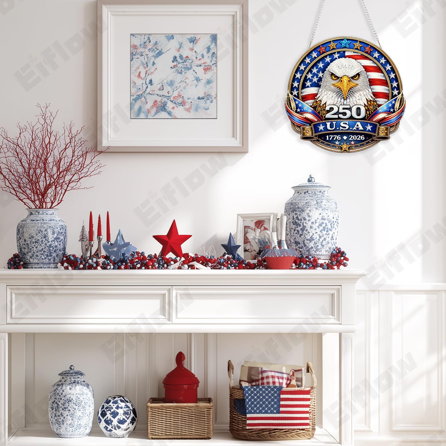 Eiflow 250 Years Anniversary USA Diamond Art Hanging Kit for Adults, DIY Patriotic Diamonds Painting Door Hanger Board Kit, Crystal Diamond Art Painting Pendant Ornament (4th of July Eagle Badge)