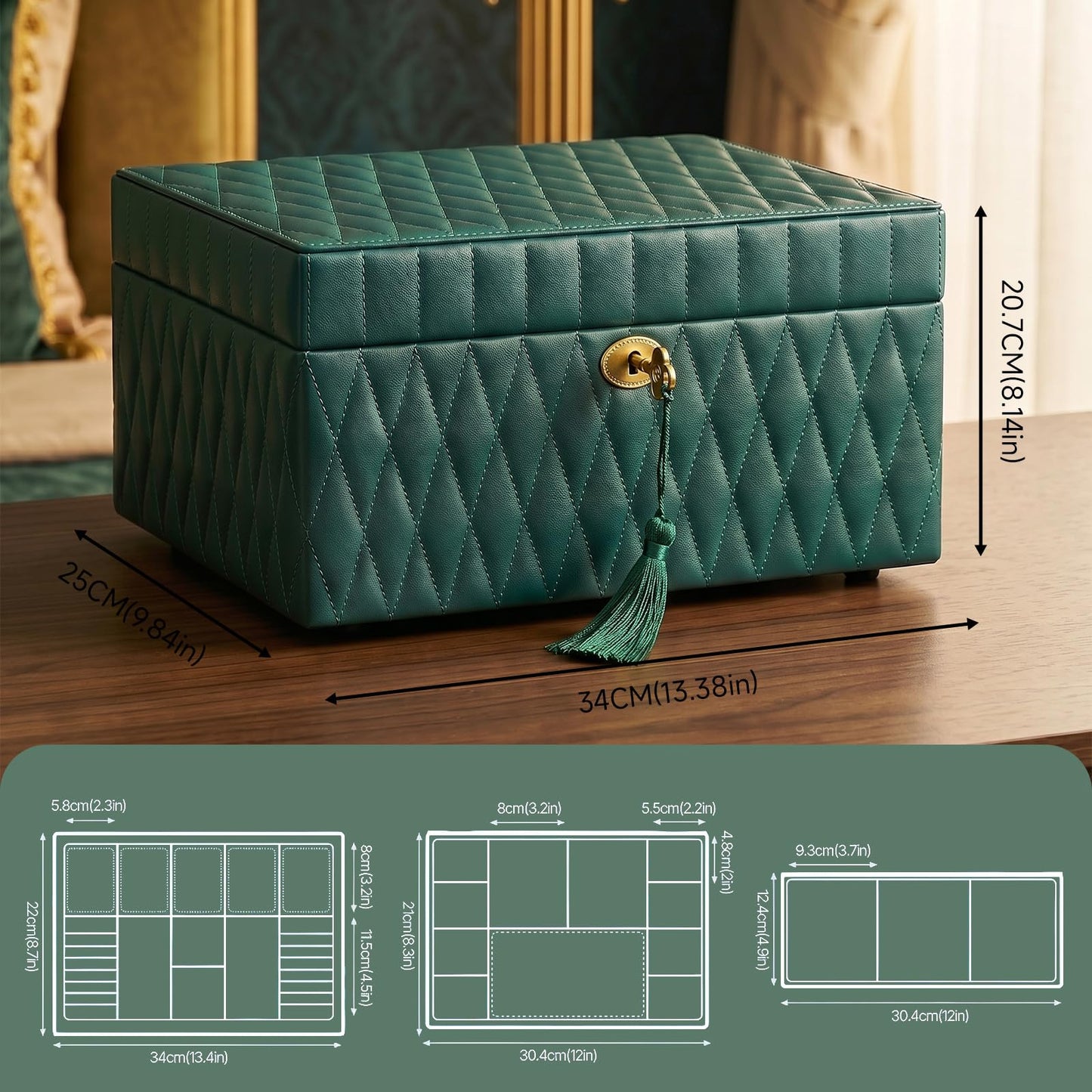 Homruilink Genuine Leather Jewelry Box – 3 Layer Large Jewelry Organizer with Mirror, Lockable Jewelry Box for Women – Necklace, Ring, Earring Organizer with Drawer - Ideal Gift (Green)