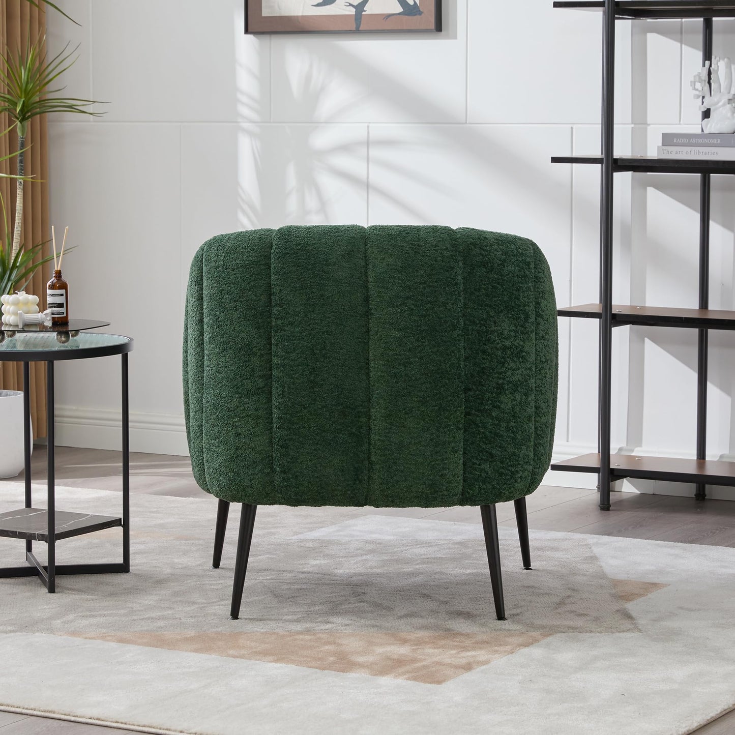 Noble House Home Furnishings Hucdt 29.9'' Boucle Barrel Club Chair, Upholstered Accent Chair, Channel Tufted Armchair, Extra Seating Lounge with Metal Legs, Single Sofa for Living Room Home, Green