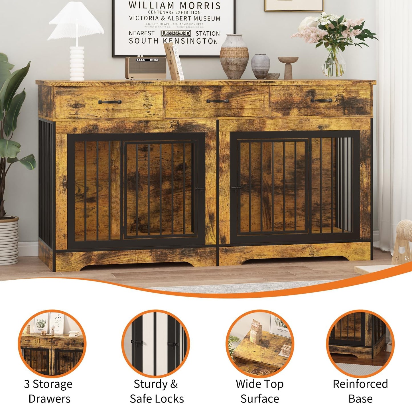 Extra Large Double Dog Crate Furniture – 70.9" Heavy Duty Wooden Kennel for 2 Medium or Large Dogs, Decorative End Table with 3 Drawers, TV Stand, Indoor Dog Cage with Double Doors