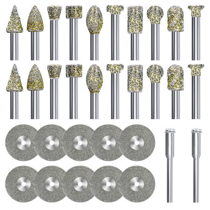 Diamond Grinding Burr Bit Set,Diamond Drill bit for Rotary Polishing Tool, Stone Rotary Tool Accessories with 1/8 Inch Shank for Stone,Ceramics Carving, Glass, Jewel Engraving Polishing- 32pc Set