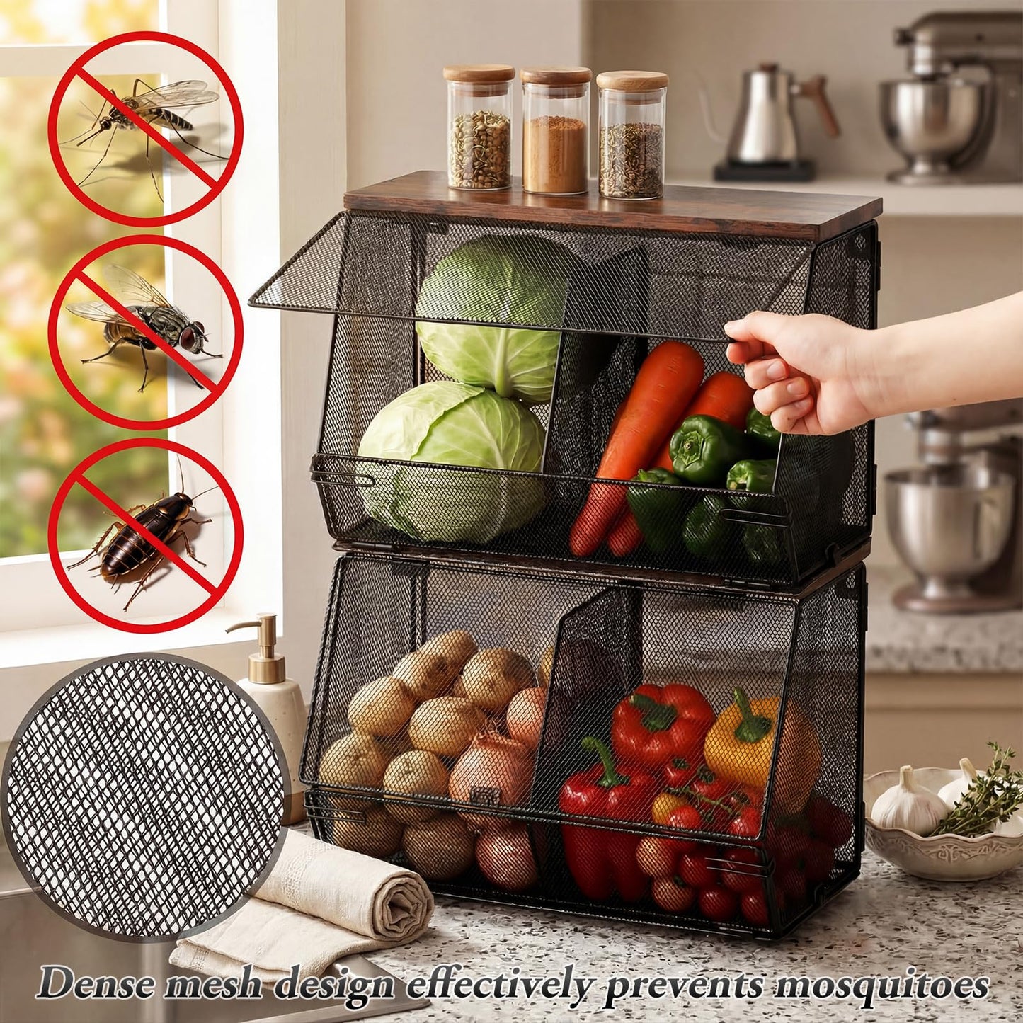 Teenyyou 2 Pcs Stackable Mesh Fruit Basket with Lid Wall Produce Vegetable Storage Basket Onion Potato Hanging Metal Wire Container for Kitchen Counter Pantry (Divided,Black,8.3"w & 13.8"L)