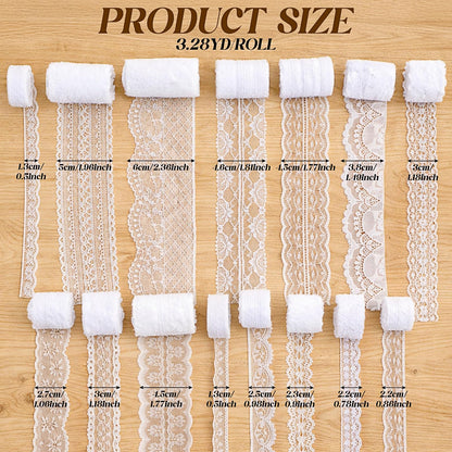 Hoteam 49 Yards White Lace Ribbon 15 Rolls and 328 ft Jute Twine, Craft Ribbon 0.5 to 2.36 Inch Assorted Pattern for Wedding Party Rustic Decoration Gift Wrapping DIY Crafts Home, 3.28 Yards for Each