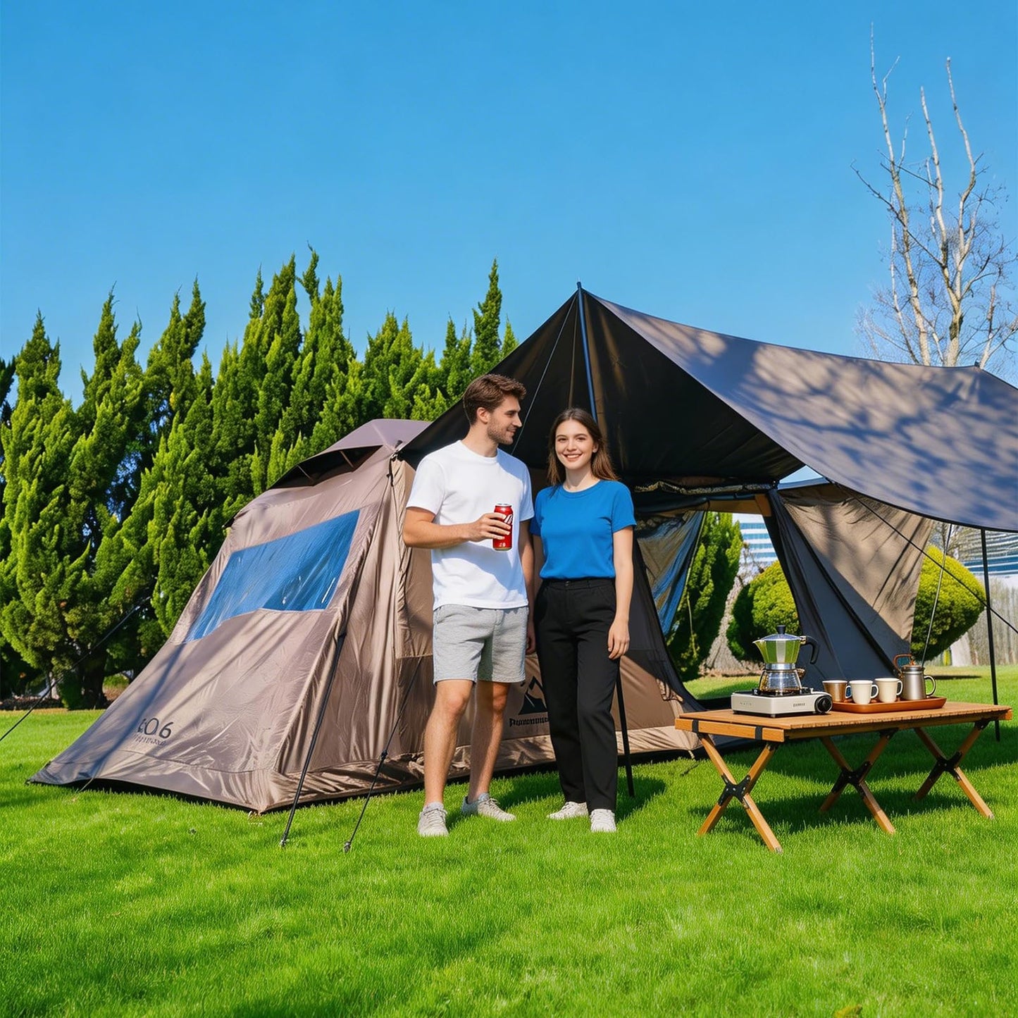 Romantic Camp Inflatable Camping Tent with Pump,8-10 Person Waterproof Blow Up Air Tent for Camping Hiking,Easy to Set Up 4-Season Inflatable House Tent with Oversized Canopy