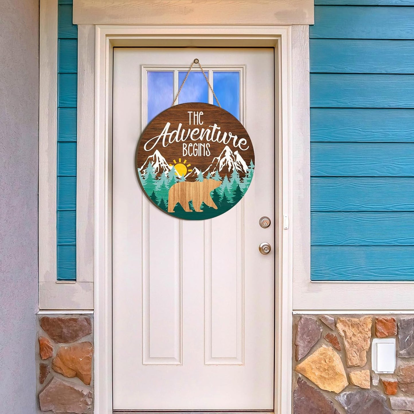 12 12'' Chunful The Adventure Begins Wooden Hanging Sign, x Woodland Nursery Decor, Green Trees Brown Background
