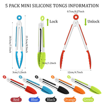 Mudder 5 Pack Mini Kitchen Tongs 7 Inch Silicone Tongs for Cooking Serving BBQ, Small Stainless Steel Food Tong with Silicone Tips for Salad, Bread, Buffet, Party & Kitchen Use(Multi)
