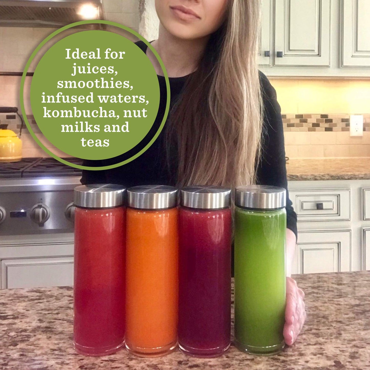 Juice Bottles - 4 Pack Wide Mouth Glass Bottles with Lids - for Juicing, Smoothies, Infused Water, Beverage Storage - 16oz, BPA Free, Stainless Steel Lids, Leakproof, Reusable, Borosilicate