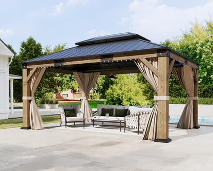 AMERLIFE 12' x 16' Heavy Duty Hardtop Gazebo with Double Metal Roof, Wood Gazebo with Privacy Curtains & Mosquito Netting, Outdoor Pavilion for Backyard, Garden & Patio, Brown