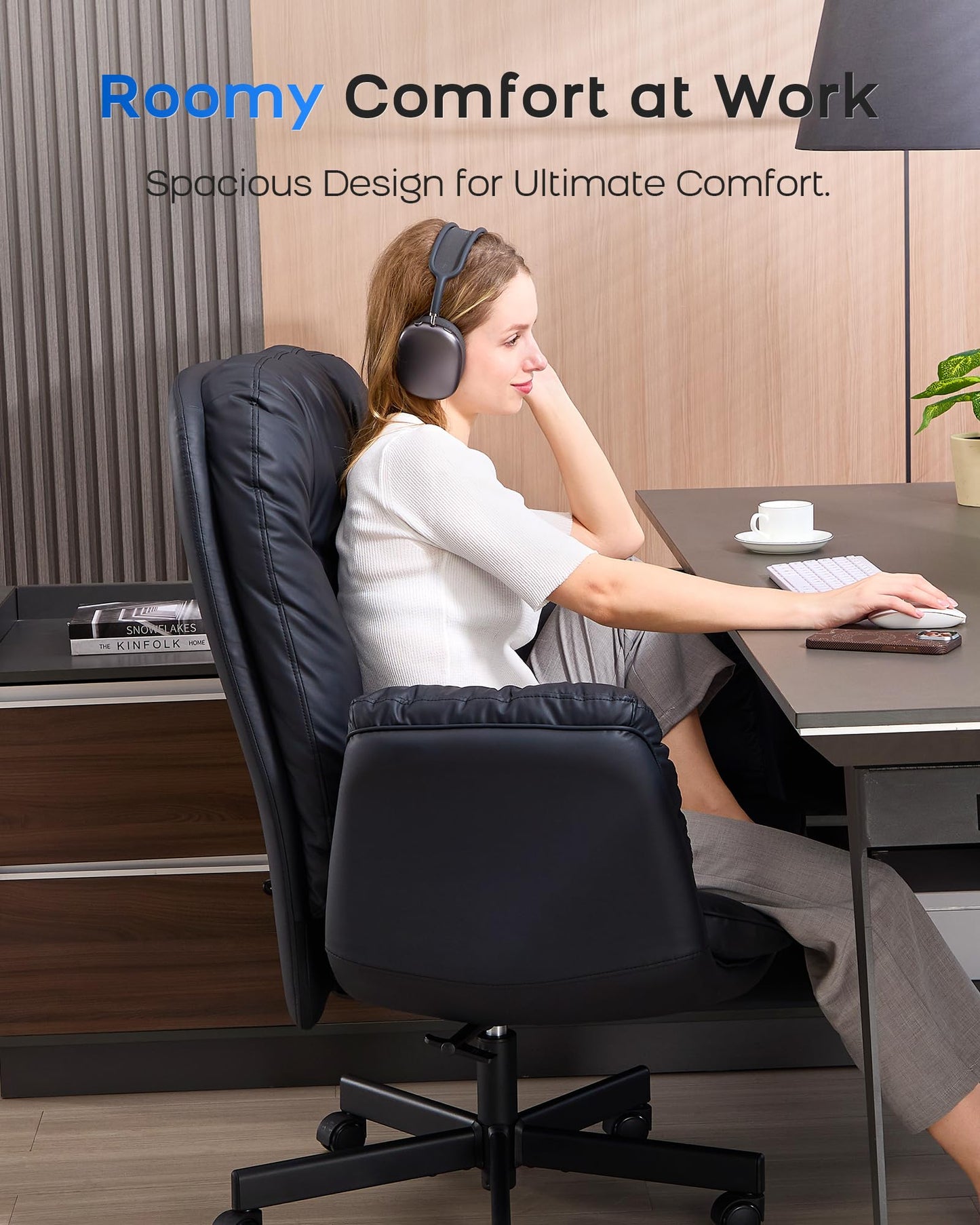 LukkDys Executive Office Chair, Big & Tall 400 lbs Capacity, Wide Seat, PU Leather, 5-Gear Lay-Flat Armrests (90°–180°) for Cross-Legged Comfort, 90–115° Recline, High Back Desk Chair, Black