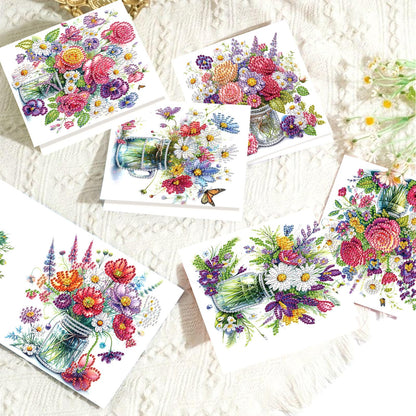 Tontut 6pcs Diamond Art Painting Greeting Card, Pretty Vase Beautiful Flowers 5D DIY Special Shape Diamond Painting Christmas Birthday Greeting Card Creative Gifts