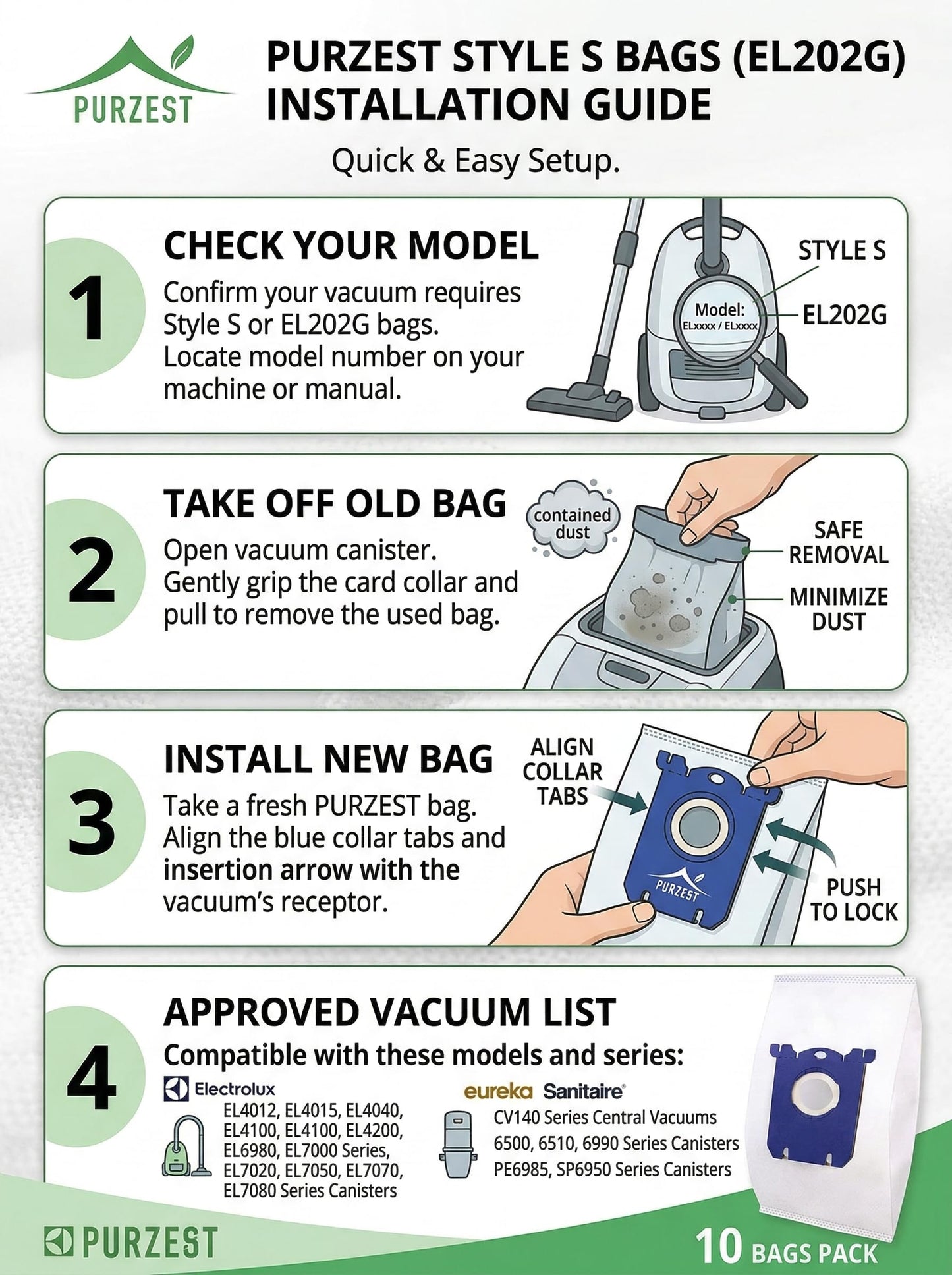 10 PCS Electrolux Vacuum Bags,Classic Type S Canister Vacuum Bags Compatible for Electrolux EL200F EL8500 EL202G, Eureka OX BB Vacuum Cleaner, Oxygen, Jet Maxx, Ultra Silencer AEG,Phililps Canisters