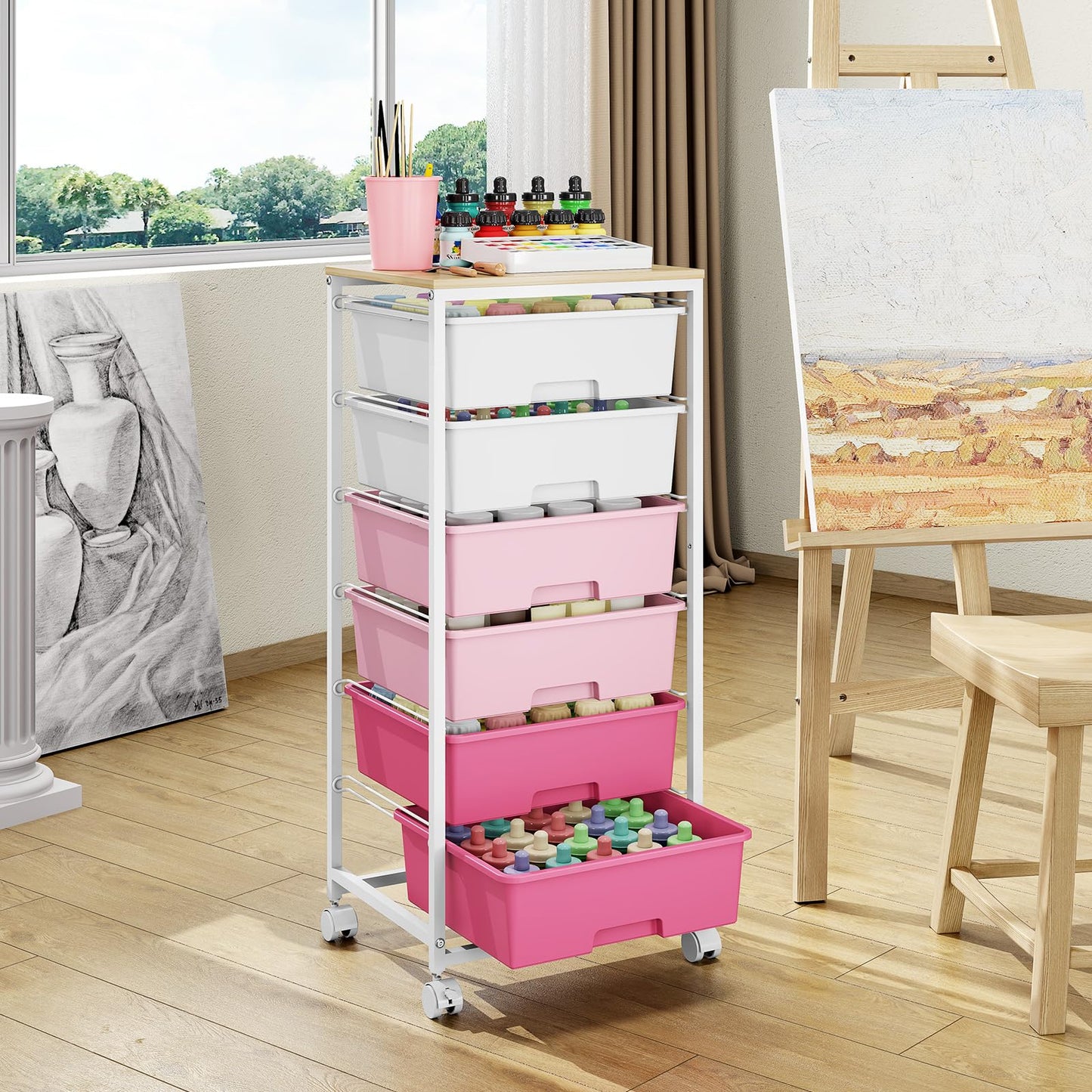 Rolling Storage Cart with 6 Drawers and Wooden Tabletop, Lockable Wheels Utility Cart for Art Studios, Office Supplies & Craft Room Organization (Pink)