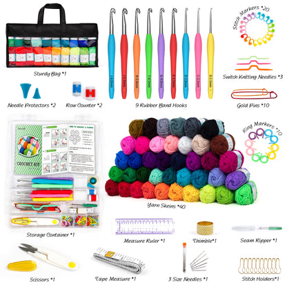 INSCRAFT 113 Piece Crochet Kit with Yarn Set– 1600 Yards Assorted Yarn for Knitting and Crochet, 73PCS Crochet Accessories Set Including Ergonomic Hooks, Knitting Needles & More Ideal Beginner Kit