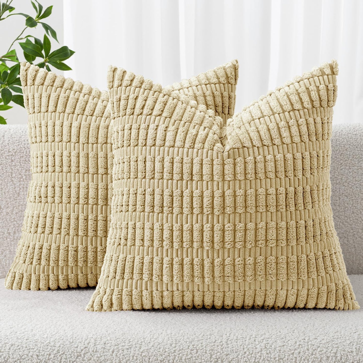 MIULEE Euro Sham Pillow Covers - Soft Boho Striped Corduroy | 24x24 Inch Beige Decorative Covers for Sofa & Bed