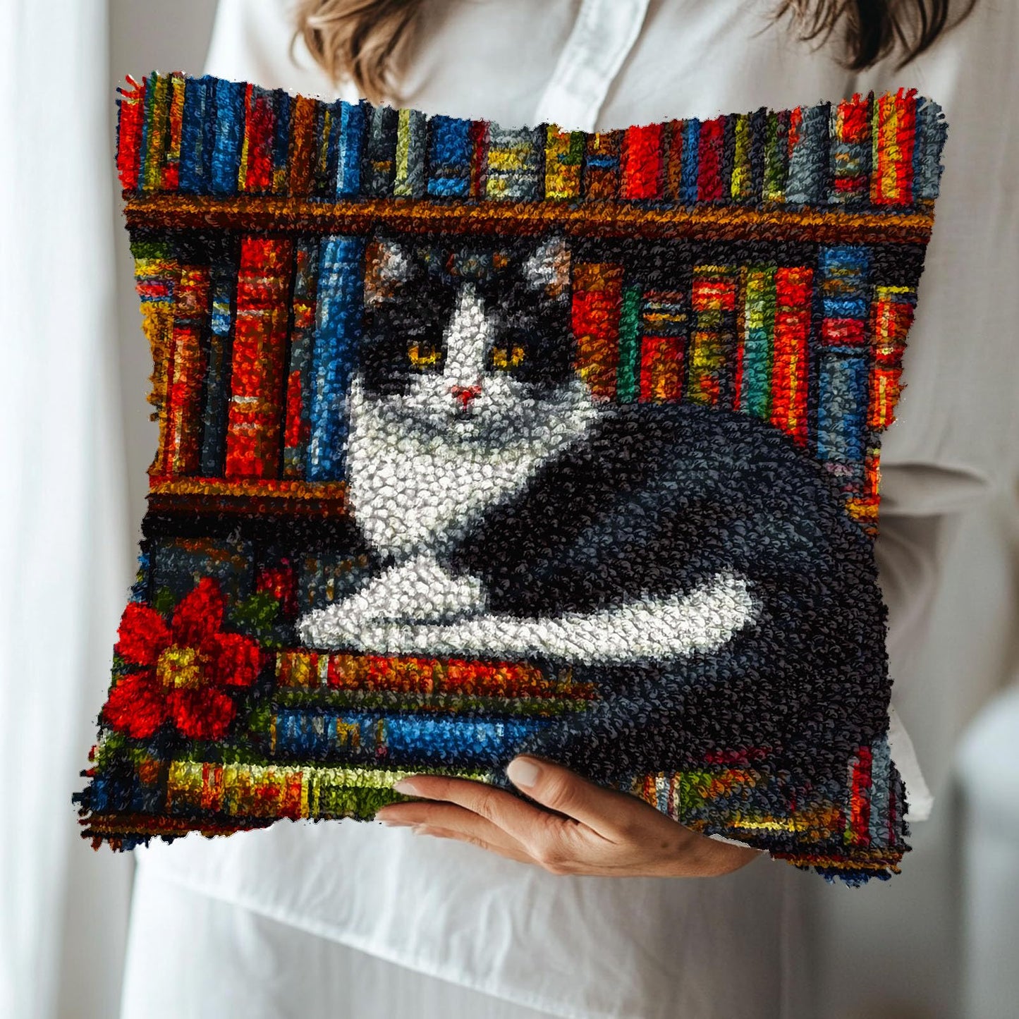 DIY Latch Hook Pillow Cover Kits Black and White Cat on Bookshelf Stampled Handamade Pillowcase Crochet Yarn Hook and Latch Emboridery Throw Pillow for Home Sofa Decor 43x43cm(4)