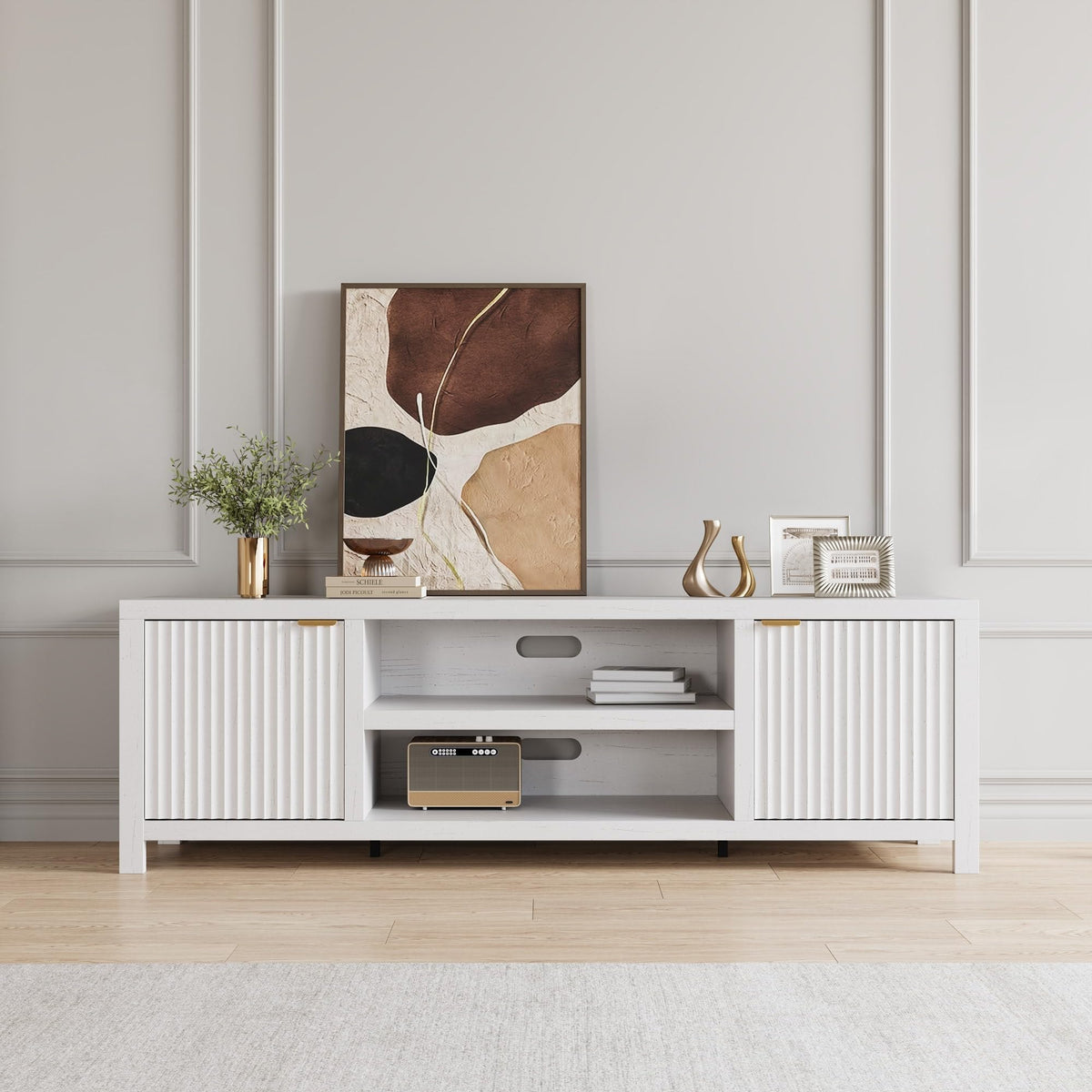 IDEALHOUSE Fluted TV Stand for 75+ Inch, Modern Entertainment Center with 2-Tier Storage & Adjustable Shelves, Media Console Cabinet with 2 Fluted Doors and Gold Handle for Living Room, Bedroom, White