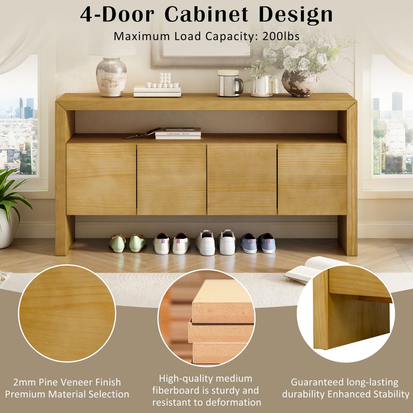 GDFStudio 60" Modern Buffet Cabinet with 4 Doors and Open Shelf, Solid Wood Veneer Sideboard Cabinet Credenza Storage Console Table for Kitchen Dining Room Living Room Entryway Coffee Bar, Natural