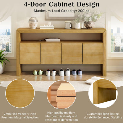 GDFStudio 60" Modern Buffet Cabinet with 4 Doors and Open Shelf, Solid Wood Veneer Sideboard Cabinet Credenza Storage Console Table for Kitchen Dining Room Living Room Entryway Coffee Bar, Natural