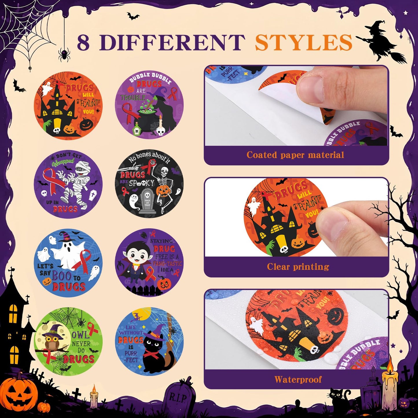 MotiMind 1000 Pcs Halloween Drug Free Sticker Red Ribbons Week Awareness Stickers Red Ribbon Weeks Supplies for Unisex Event Support Group Anti Drug Campaign and Fundraising, 8 Style