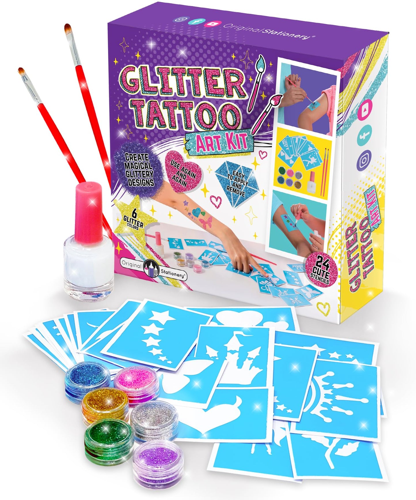 Original Stationery Glitter Tattoo Kit - 33-Piece Multicolor Set, Ages 3-8, 24 Stencils, 6 Color Pots, 2 Brushes & Adhesive - Glitter Tattoos for Kids & Sleepover Party Supplies, Birthday Gift