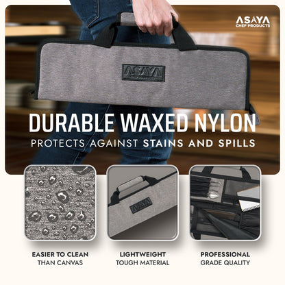 Asaya Chef Knife Roll Bag - 12-Pocket Chefs Case for Kitchen Knives and Utensils, Lightweight Stain-Resistant Waxed Nylon Chef Knife Bag - Knives Not Included (Grey)