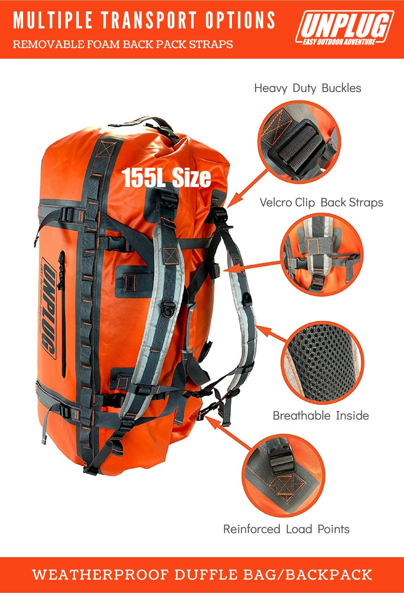 UNPLUG Ultimate Adventure | 1680D Heavy Duty Waterproof Bag | Large Travel Bag which can be Used for Camping, Motorcycling, Boating, or Hunting|155L Adventure Orange