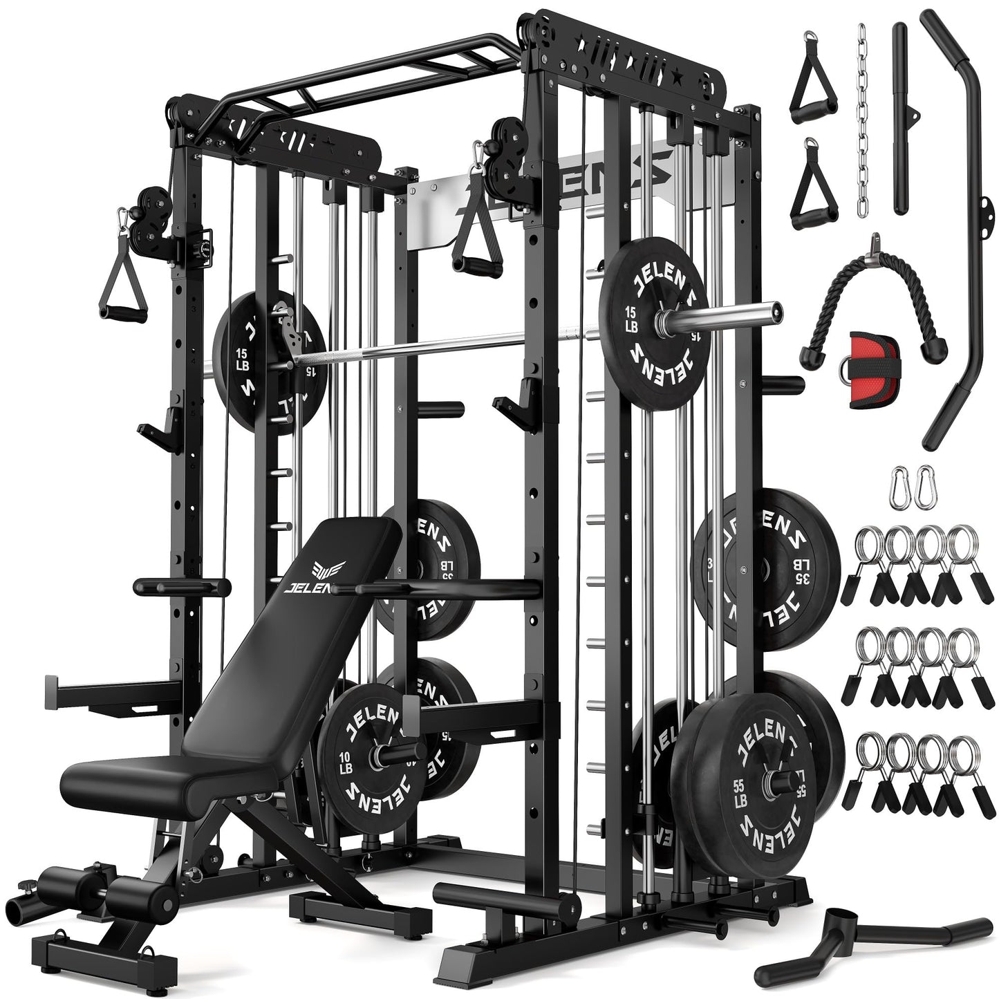 JELENS Smith Machine for Home Gym, Multi-Function M12 Power Cage with Cable Crossover System, Squat Rack with Smith Bar and More Attachment (Black, 370LB Black Weights Package)