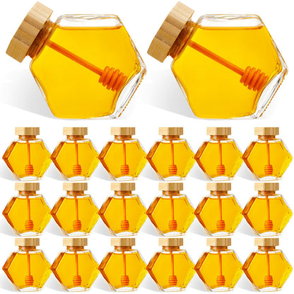 Sunnyray 20 Pcs Glass Honey Jars with Dipper Hexagonal Clear Glass Dispenser Small Honey Containers Bottle with Wooden Dipper and Cork Lid for Home Storage Kitchen (220 ml)
