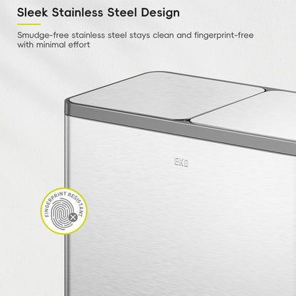 EKO EcoCasa Plus 2 x 10.6 Gal Dual Recycling Trash Can for Kitchen, Large Stainless Steel Step-On Garbage Can with Soft-Close Lids, Odor-Proof and Fingerprint-Resistant, Removable Buckets with Handles