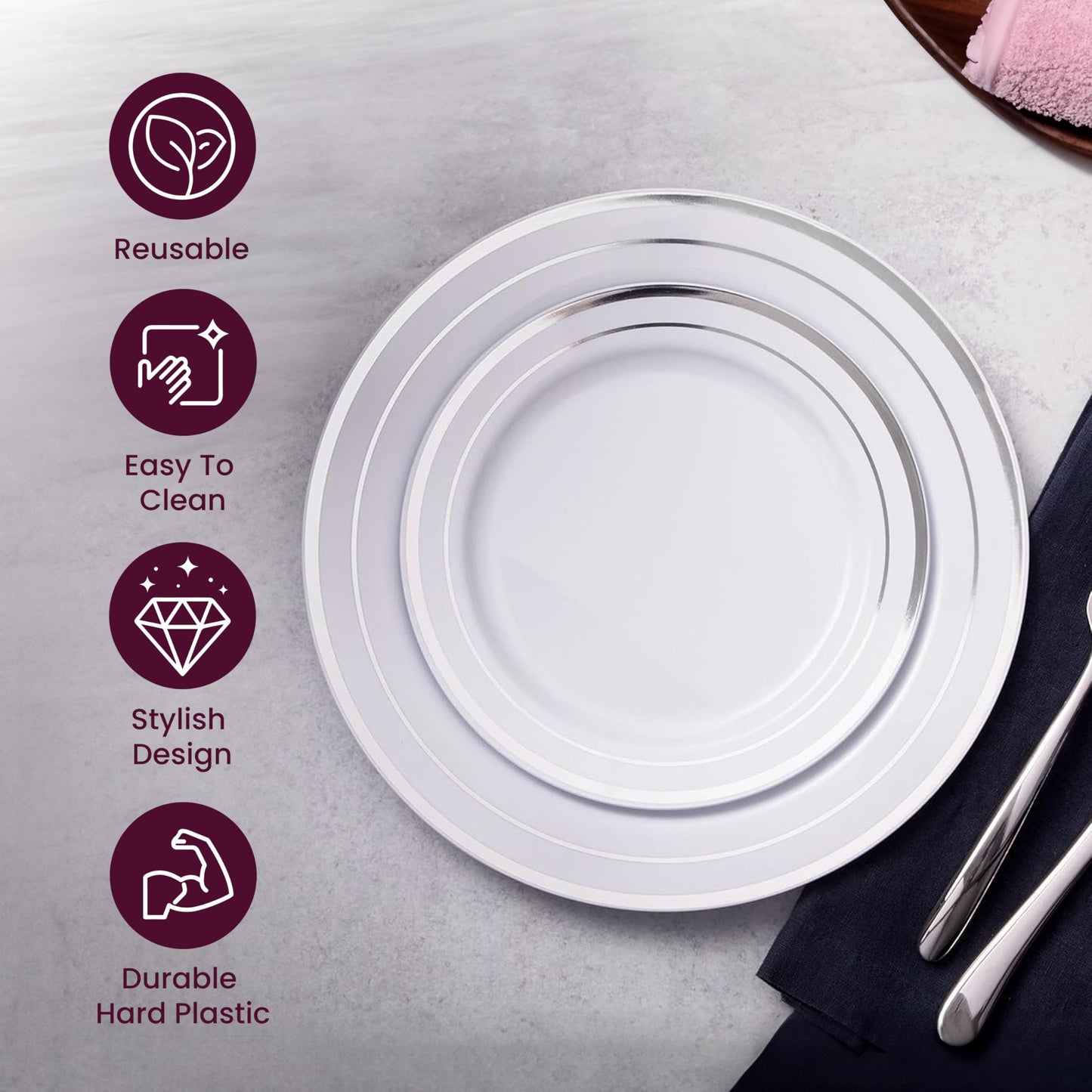 Aya's 60 Silver Rimmed Plastic Plates for Party, Heavy Duty Disposable Plate Set of 30 Dinner and 30 Dessert Plates for Weddings and Special Events, Fancy Disposable Tableware