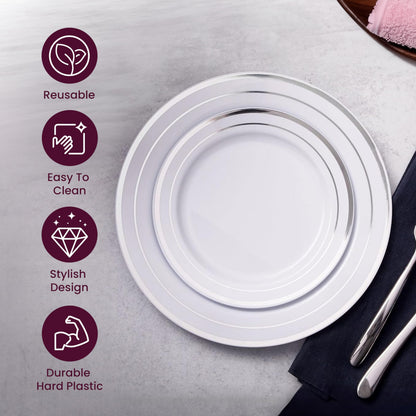Aya's 60 Silver Rimmed Plastic Plates for Party, Heavy Duty Disposable Plate Set of 30 Dinner and 30 Dessert Plates for Weddings and Special Events, Fancy Disposable Tableware