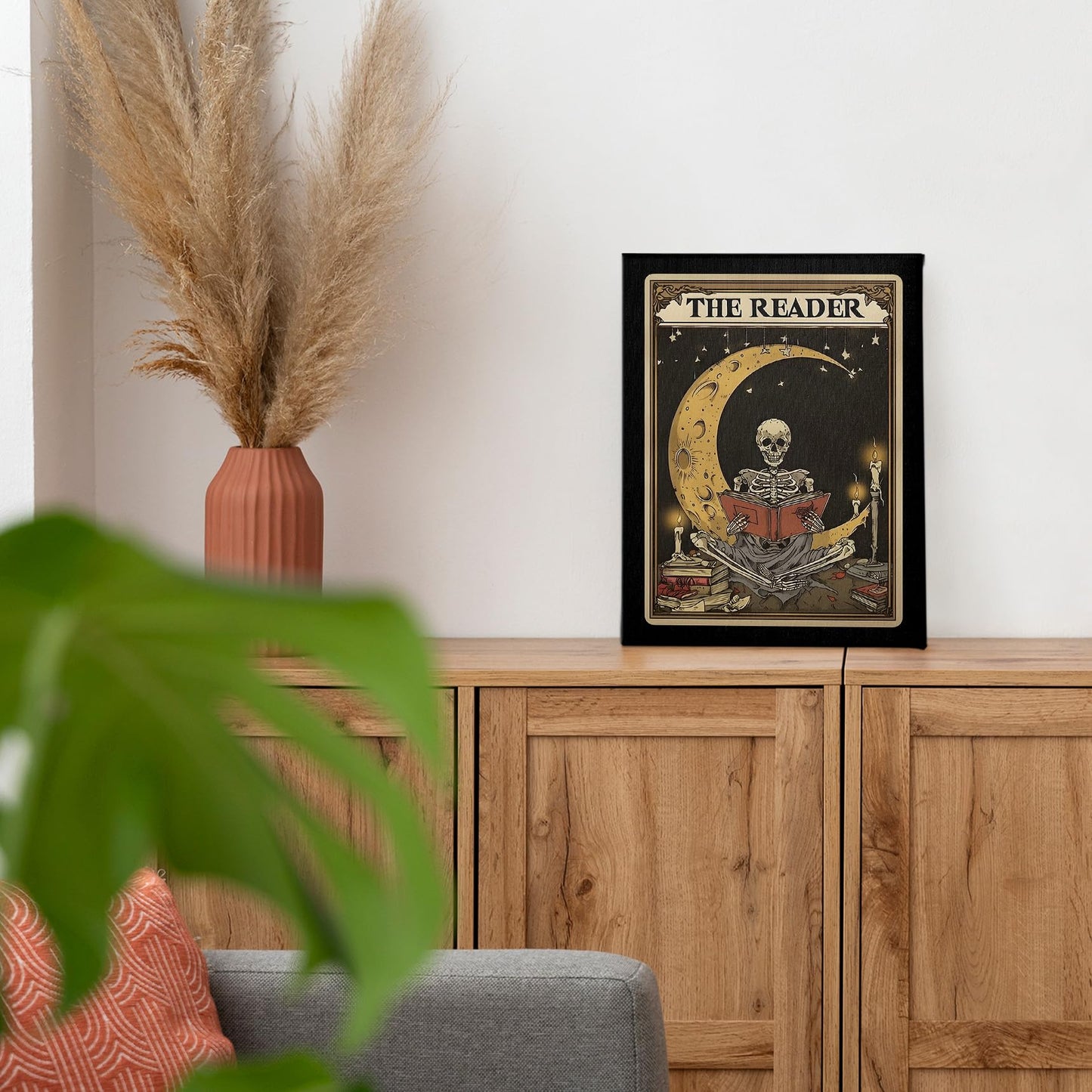 PHAMTE Boho Gothic Skeleton Reading Book Wall Art Decor Canvas 11x14, Celestial Moon Tarot Card Pictures Decorations, Goth Bookish Framed Prints Artwork for Reading Room Corner Nook Library Decor