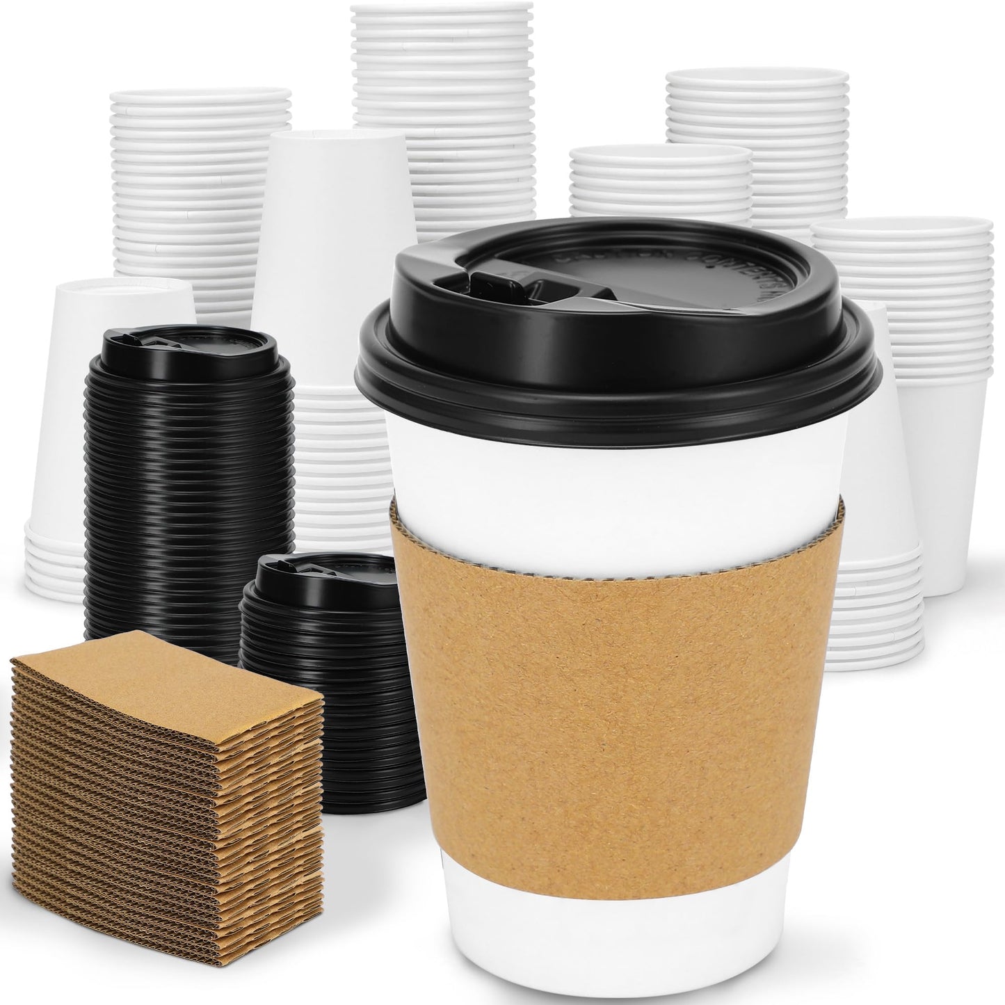 Clawsoff 100 Pack 12 oz Disposable Coffee Cups with Lids and Insulated Sleeves, Leak-free Paper and Sturdy Thick Paper Hot to Go Coffee Cups with Lids for Cold/Hot Beverage (White)