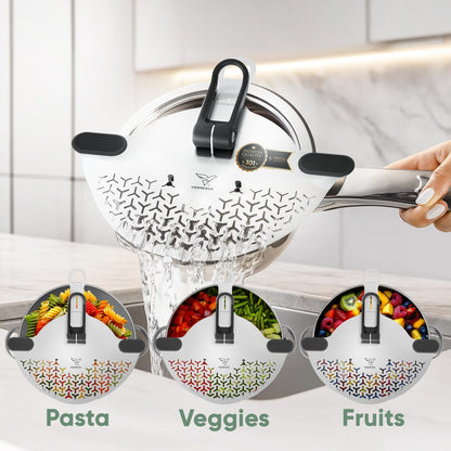 Kitchen Strainer & Pot Drainer Clip-On Stainless Steel Colander for Pots & Pans (6.5-9.5 in / 16-24 cm) | Universal Fit Pasta & Noodle Strainer | Hands-Free Swiss Design, Dishwasher-Safe