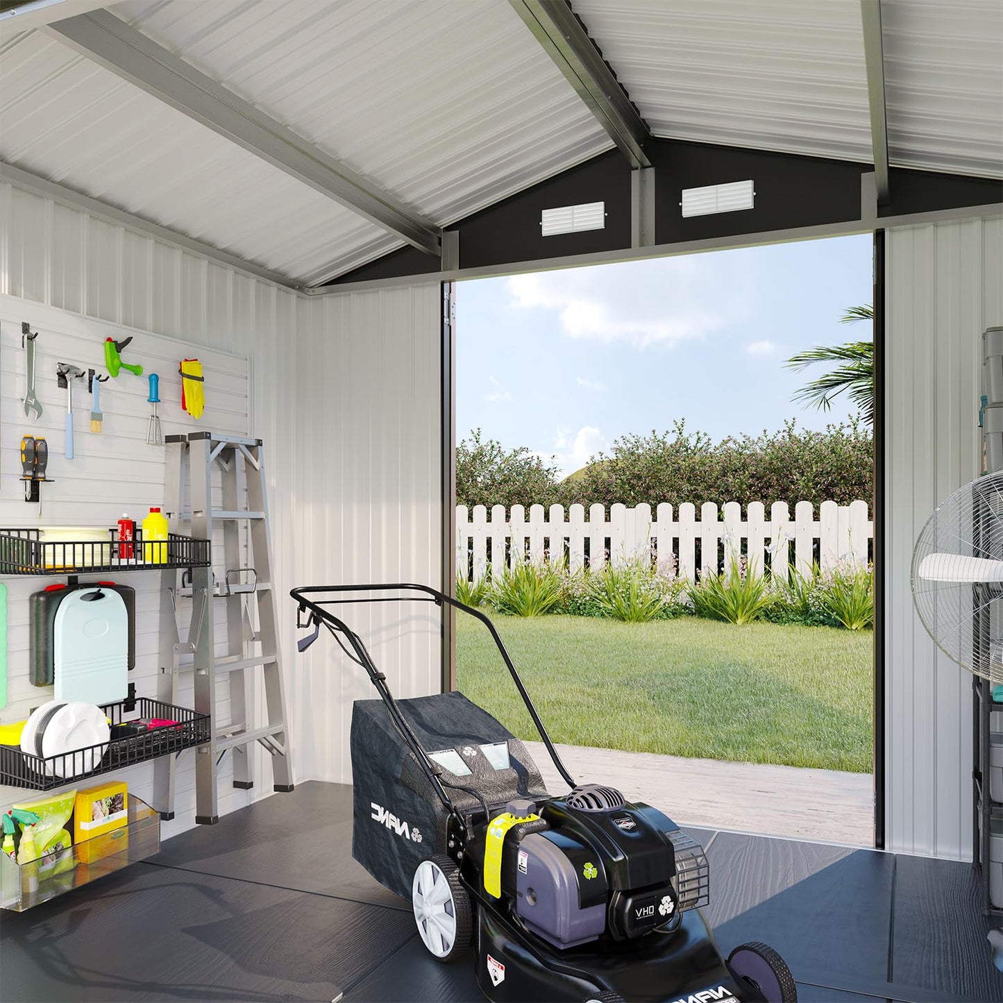 Aoxun 8x6FT Shed with Floor Galvanized Steel Outdoor Storage Shed Metal Garden Shed with Double Doors, Moisture-Proof Floor & Ventilation, Sloped Roof for Bike/Generator/Tool Storage (Brown)