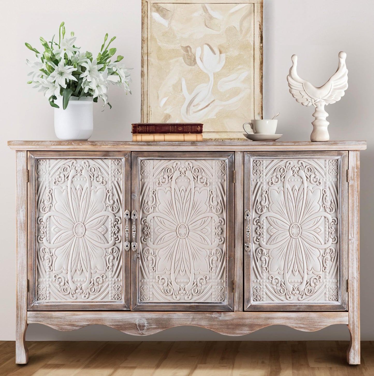 FansaFurn Accent Storage Cabinet with 3 Carved Doors and Shelves, Farmhouse Sideboard Buffet Sideboard with Storage, Wood Kitchen Cabinet for Living Room, Entryway, Dining Room and Kitchen, Wash Grey