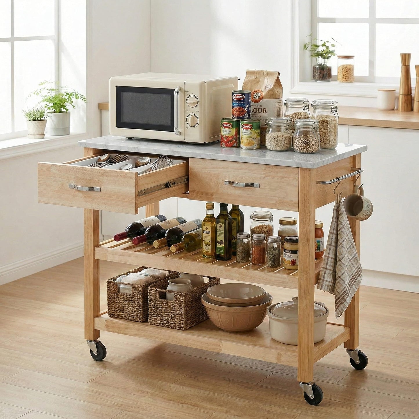 Casaphoria Amanda Collection Solid Wood Kitchen Island, 42" Butcher Block Cart with Cultured Marble Top & Locable Wheels, Prep Table for Small Spaces (Natural)